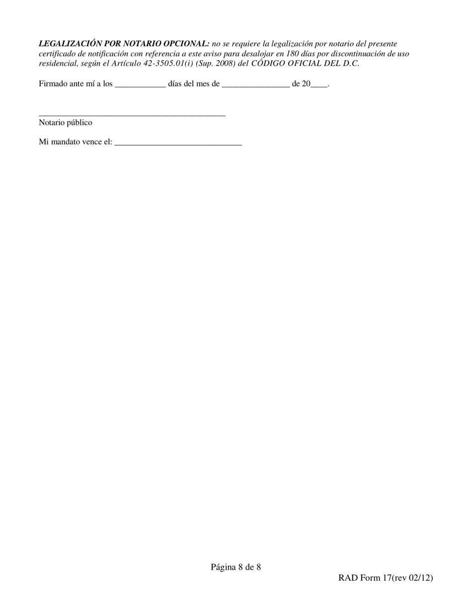 RAD Formulario 17 Aviso Para Desalojar En 180 Dias Por Discontinuacion De Uso Residencial - Washington, D.C. (Spanish), Page 8