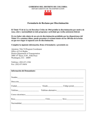 Document preview: Formulario De Reclamo Por Discriminacion - Washington, D.C. (Spanish)