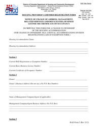 RAD Form 2 Housing Provider&#039;s Amended Registration Form - Washington, D.C.