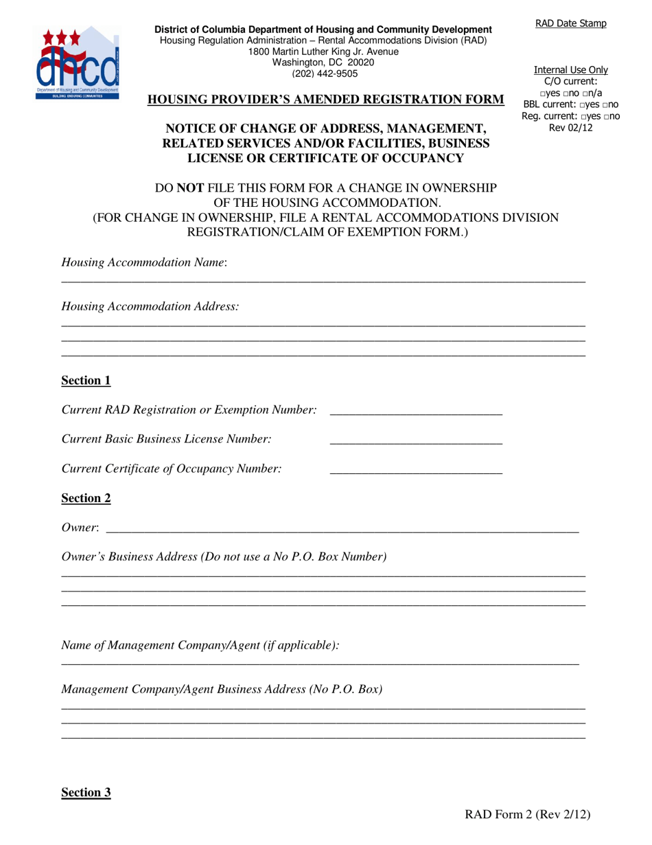 RAD Form 2 Housing Providers Amended Registration Form - Washington, D.C., Page 1