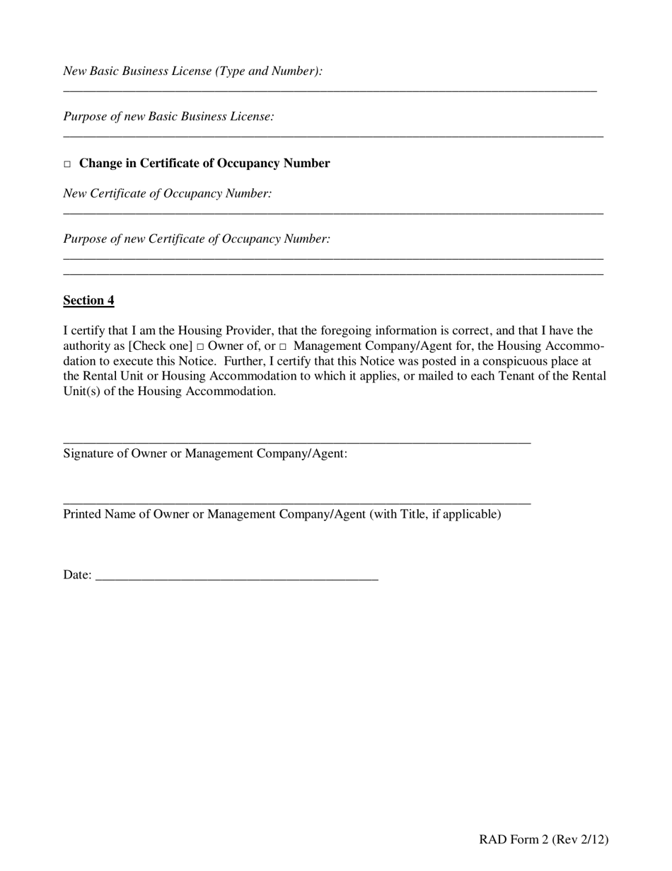 RAD Form 2 Housing Providers Amended Registration Form - Washington, D.C., Page 3