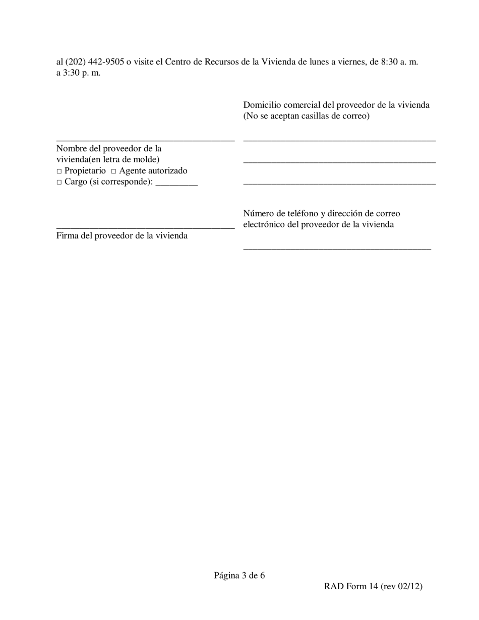 RAD Formulario 14 Aviso Para Desalojar En 120 Dias Por Renovacion O Alteracion - Washington, D.C. (Spanish), Page 3