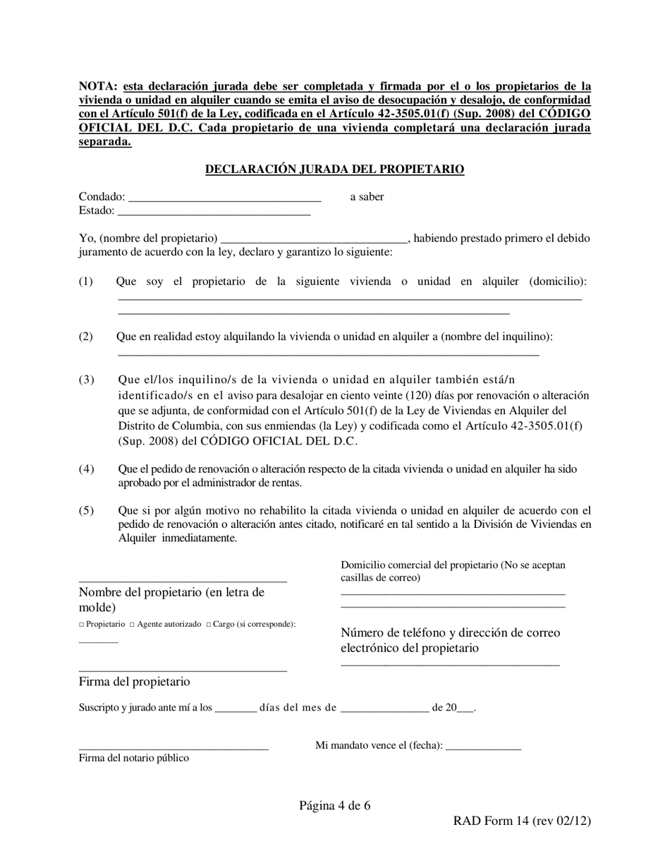 RAD Formulario 14 Aviso Para Desalojar En 120 Dias Por Renovacion O Alteracion - Washington, D.C. (Spanish), Page 4
