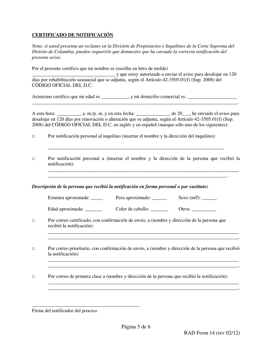RAD Formulario 14 Aviso Para Desalojar En 120 Dias Por Renovacion O Alteracion - Washington, D.C. (Spanish), Page 5