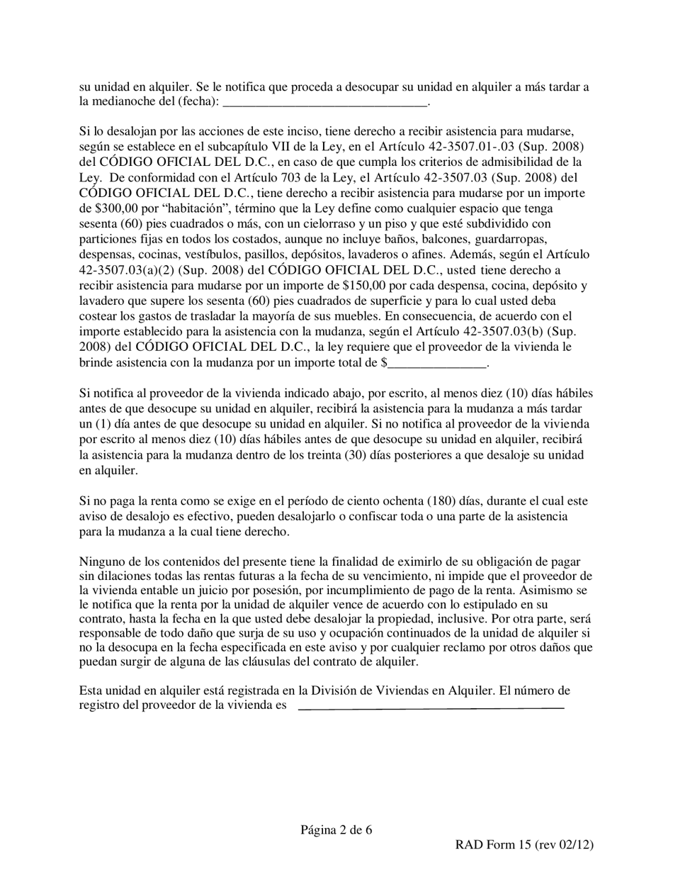 RAD Formulario 15 Aviso Para Desalojar En 180 Dias Por Demolicion - Washington, D.C. (Spanish), Page 2