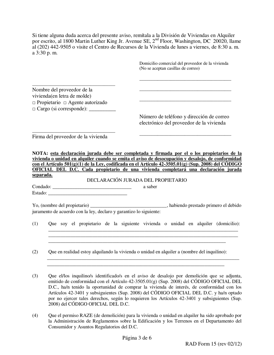 RAD Formulario 15 Aviso Para Desalojar En 180 Dias Por Demolicion - Washington, D.C. (Spanish), Page 3