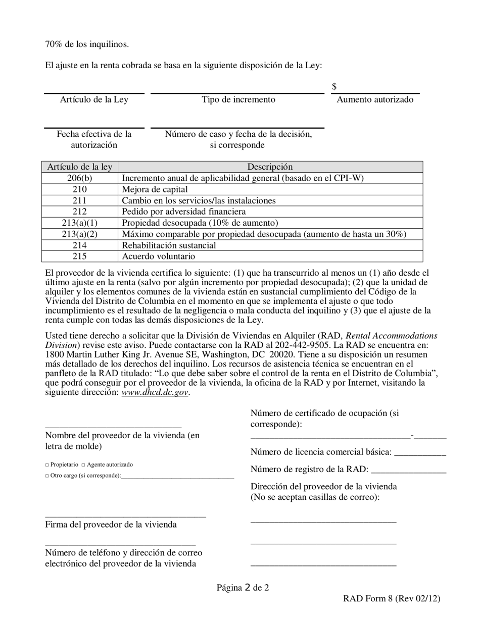RAD Formulario 8 Aviso a Los Inquilinos Del Proveedor De La Vivienda Del Ajuste En La Renta Cobrada - Washington, D.C. (Spanish), Page 2