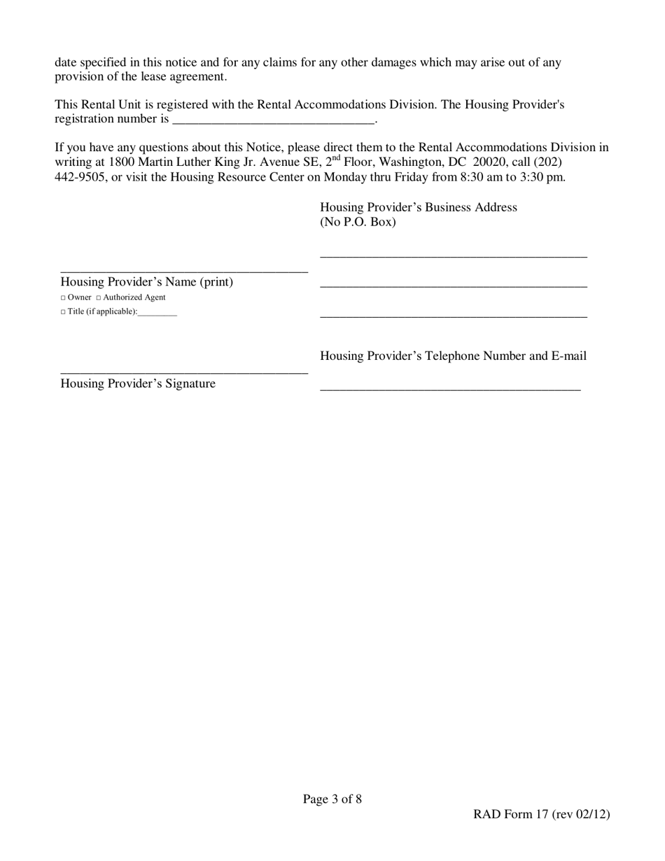 RAD Form 17 180 Day Notice to Vacate for Discontinuance of Housing Use - Washington, D.C., Page 3
