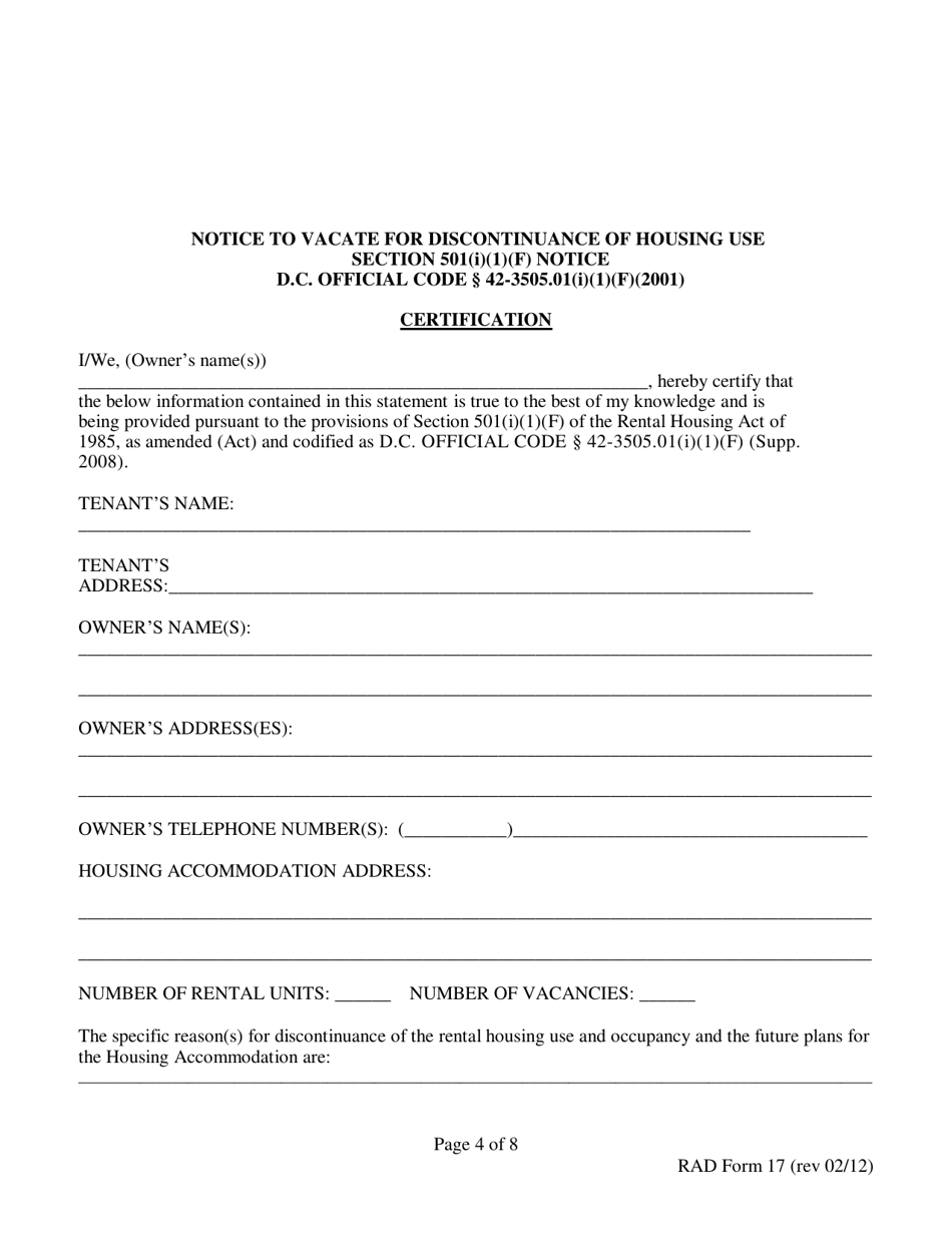 RAD Form 17 180 Day Notice to Vacate for Discontinuance of Housing Use - Washington, D.C., Page 4