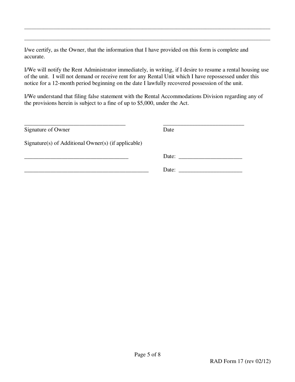 RAD Form 17 180 Day Notice to Vacate for Discontinuance of Housing Use - Washington, D.C., Page 5