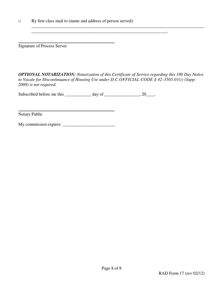 RAD Form 17 180 Day Notice to Vacate for Discontinuance of Housing Use - Washington, D.C., Page 8
