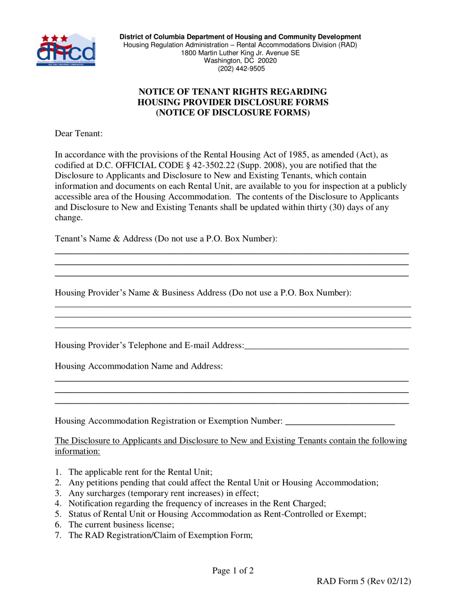 RAD Form 5 Notice of Tenant Rights Regarding Housing Provider Disclosure Forms (Notice of Disclosure Forms) - Washington, D.C., Page 1