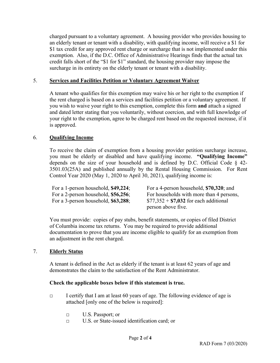 RAD Form 7 Elderly and Tenant With a Disability Claim of Exemption From Housing Provider Petition Rent Surcharge Increase - Washington, D.C., Page 2