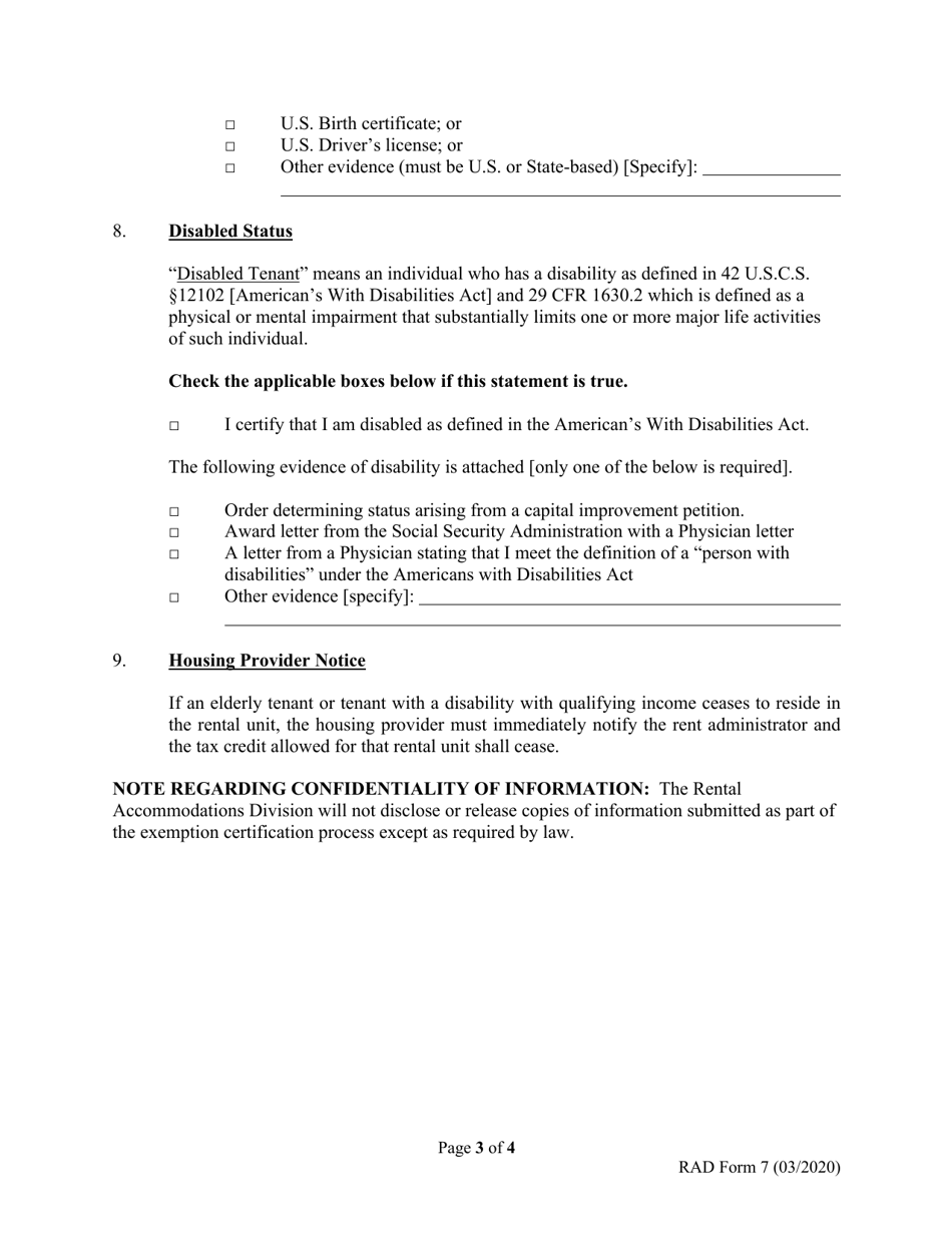 RAD Form 7 Elderly and Tenant With a Disability Claim of Exemption From Housing Provider Petition Rent Surcharge Increase - Washington, D.C., Page 3