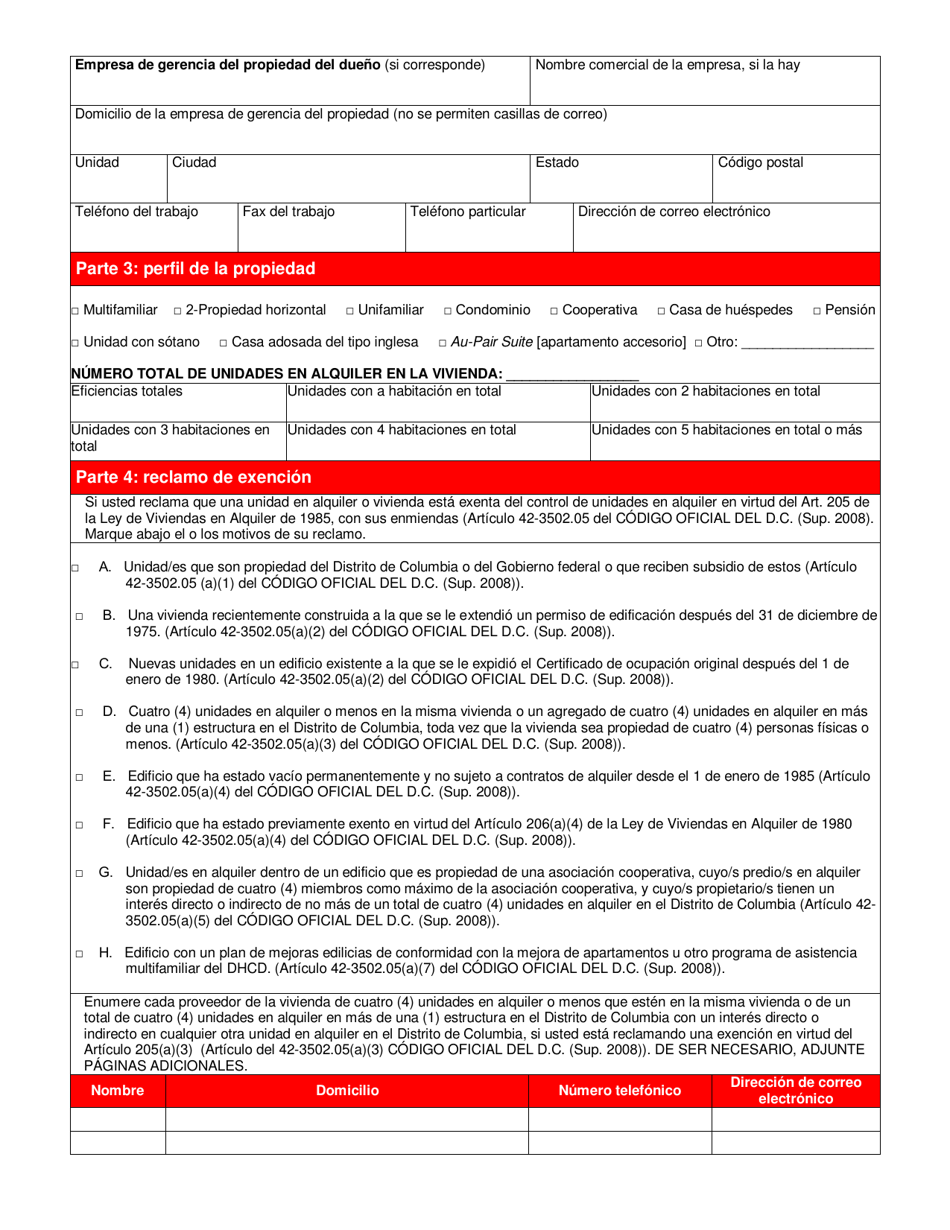 RAD Formulario 1 Formulario De Reclamo De Exencion / Registro De La Rad - Washington, D.C. (Spanish), Page 2