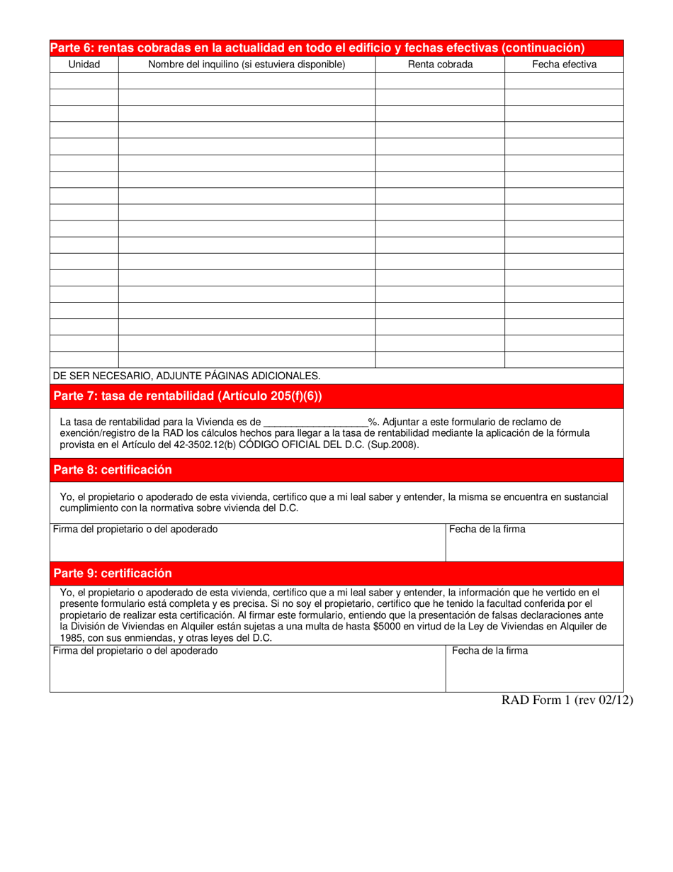 RAD Formulario 1 Formulario De Reclamo De Exencion / Registro De La Rad - Washington, D.C. (Spanish), Page 4