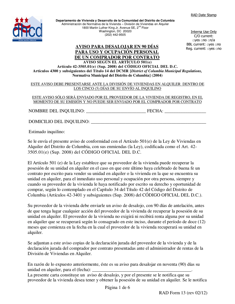 RAD Formulario 13 Aviso Para Desalojar En 90 Dias Para Uso Y Ocupacion Personal De Un Comprador Por Contrato - Washington, D.C. (Spanish), Page 1