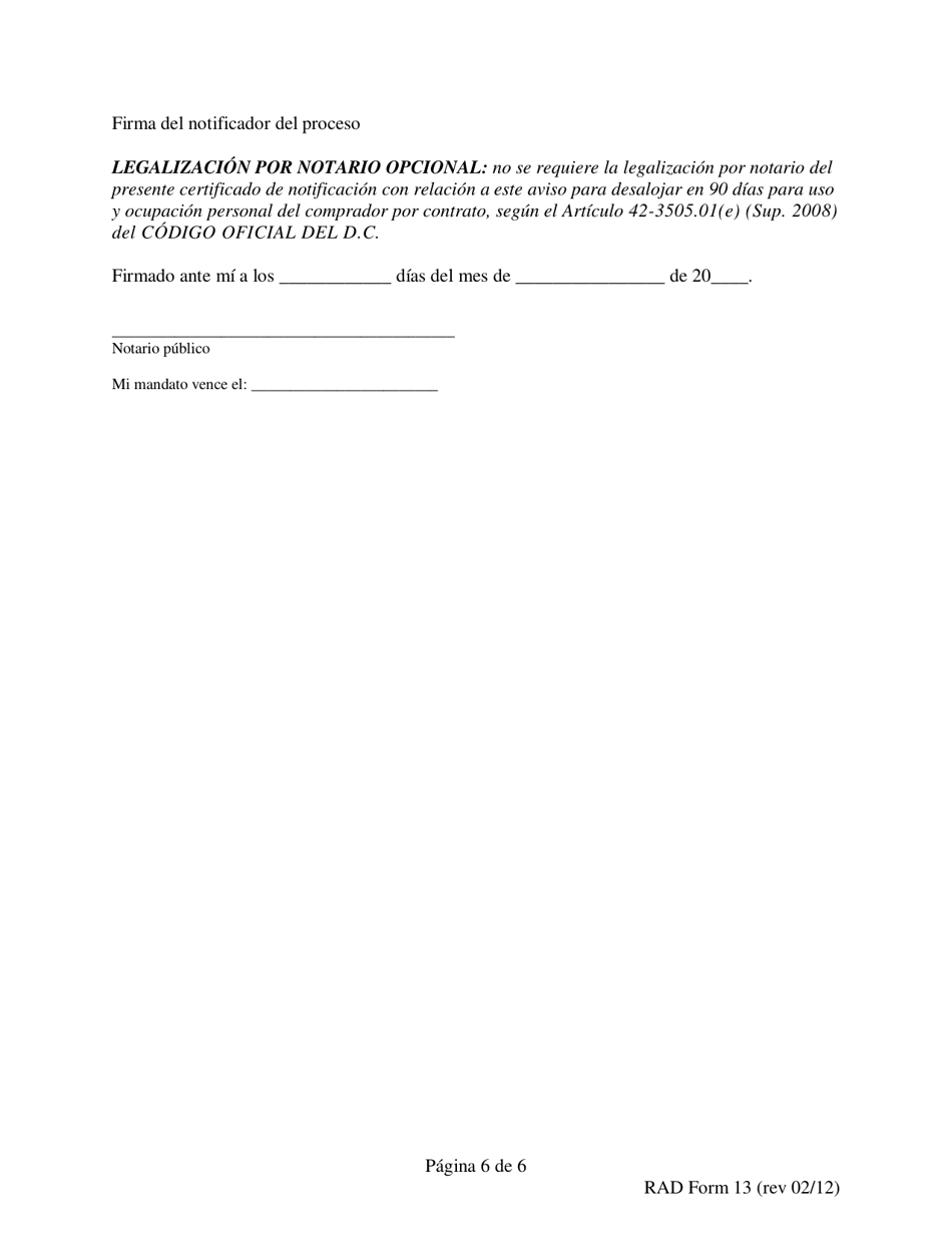 RAD Formulario 13 Aviso Para Desalojar En 90 Dias Para Uso Y Ocupacion Personal De Un Comprador Por Contrato - Washington, D.C. (Spanish), Page 6