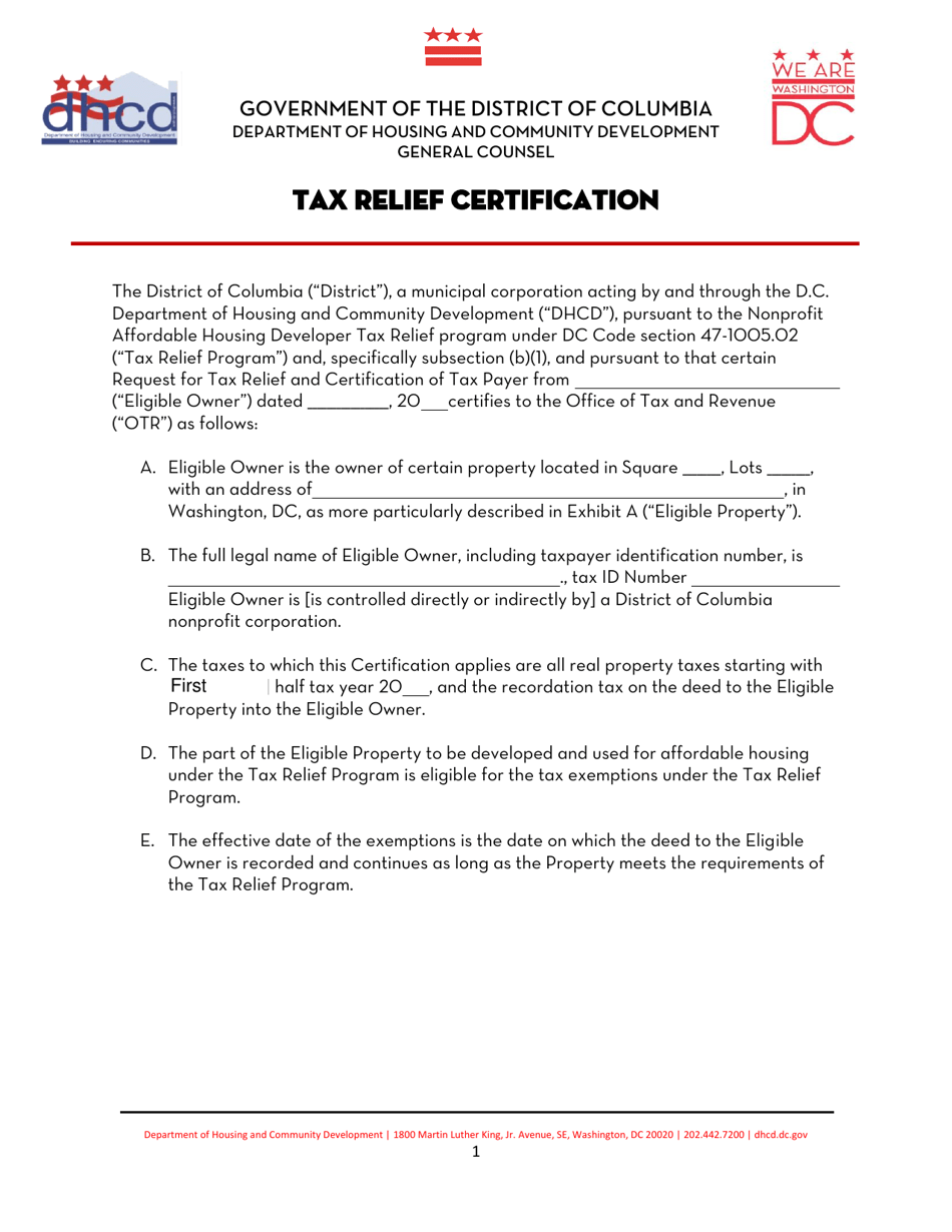 Tax Relief Certification - Washington, D.C., Page 1