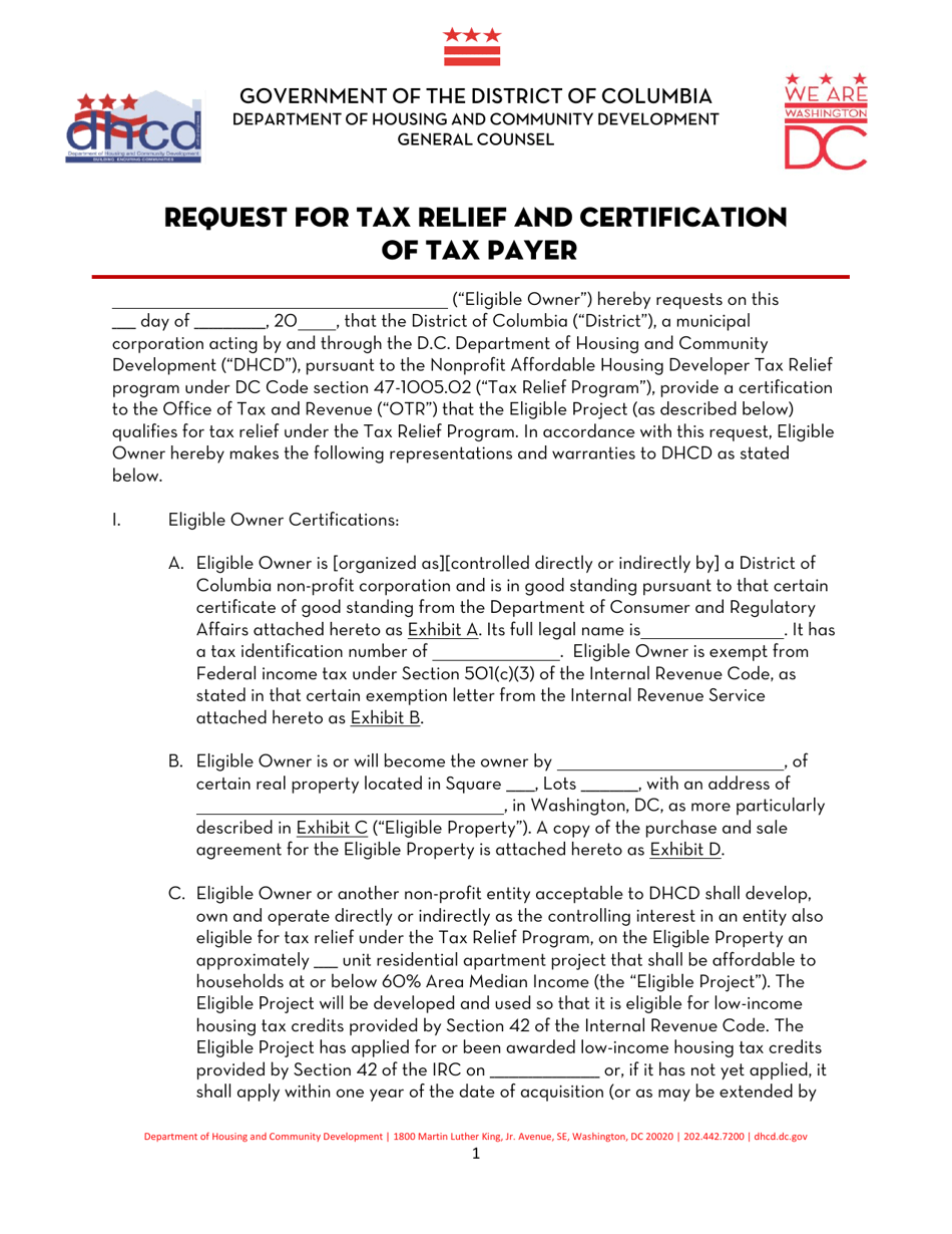 Request for Tax Relief and Certification of Tax Payer - Washington, D.C., Page 1
