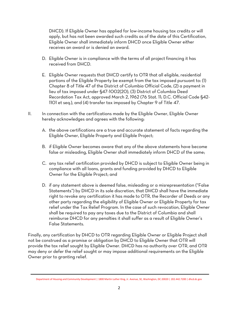 Request for Tax Relief and Certification of Tax Payer - Washington, D.C., Page 2