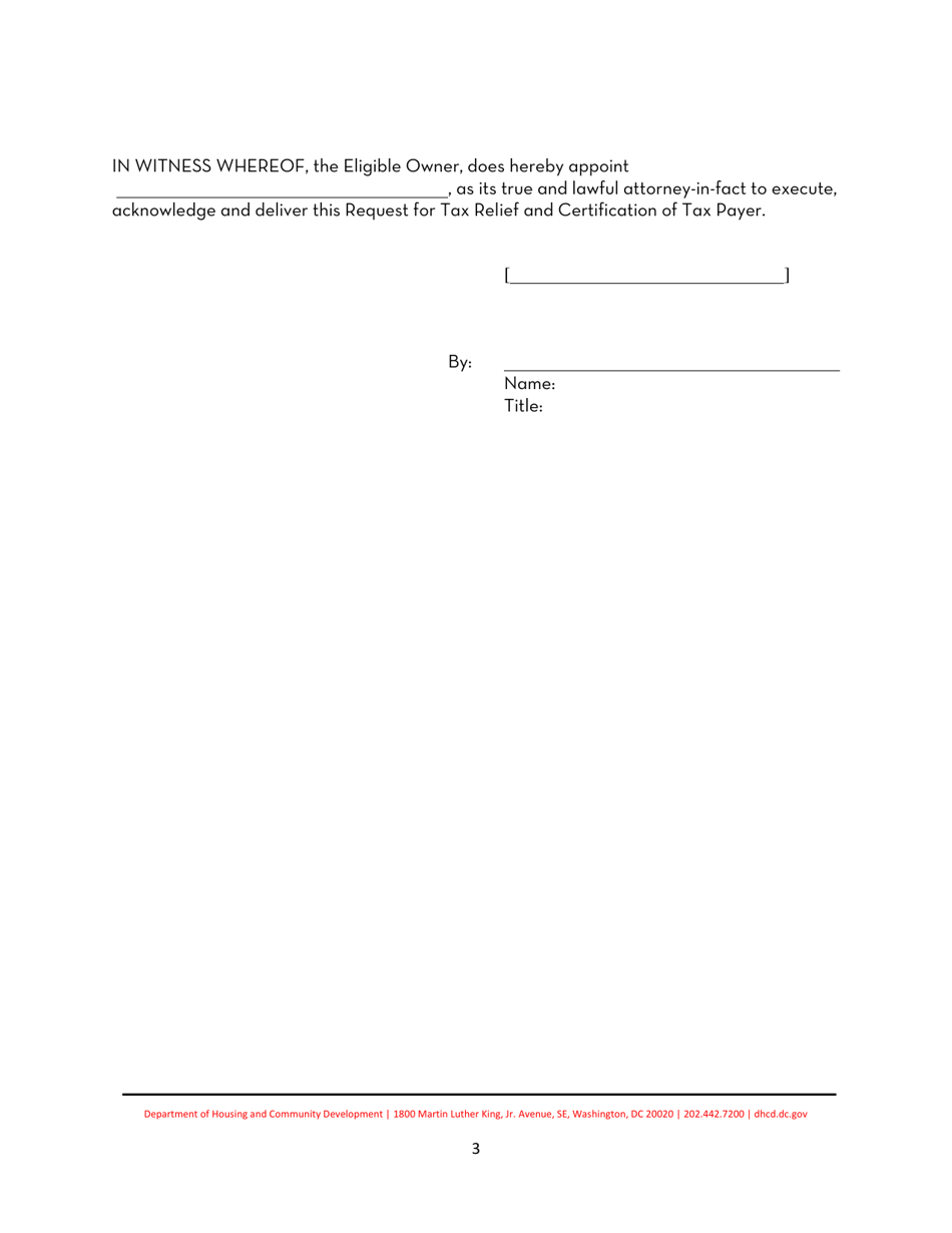 Request for Tax Relief and Certification of Tax Payer - Washington, D.C., Page 3