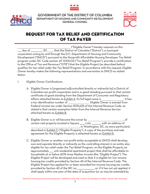 Request for Tax Relief and Certification of Tax Payer - Washington, D.C. Download Pdf