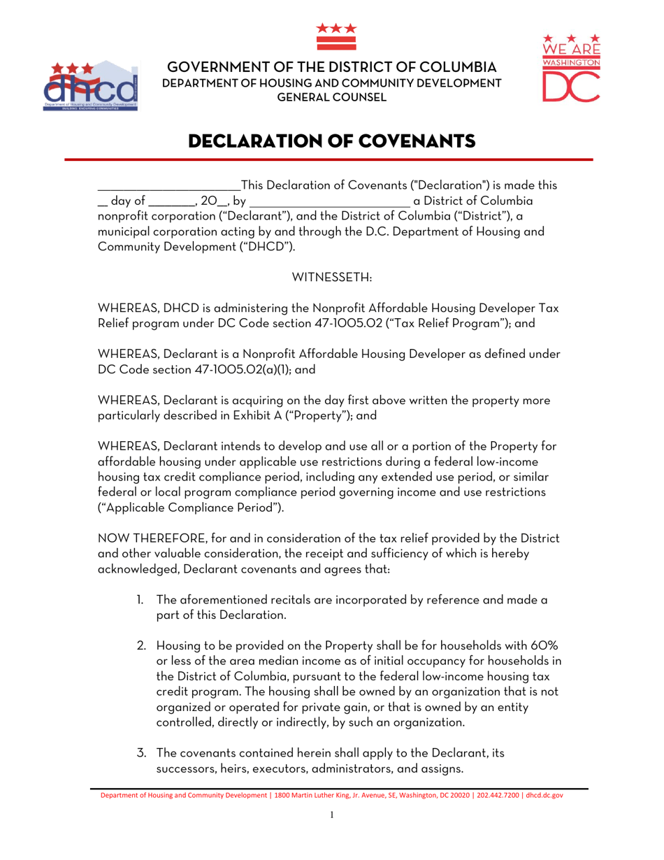 Declaration of Covenants - Washington, D.C., Page 1