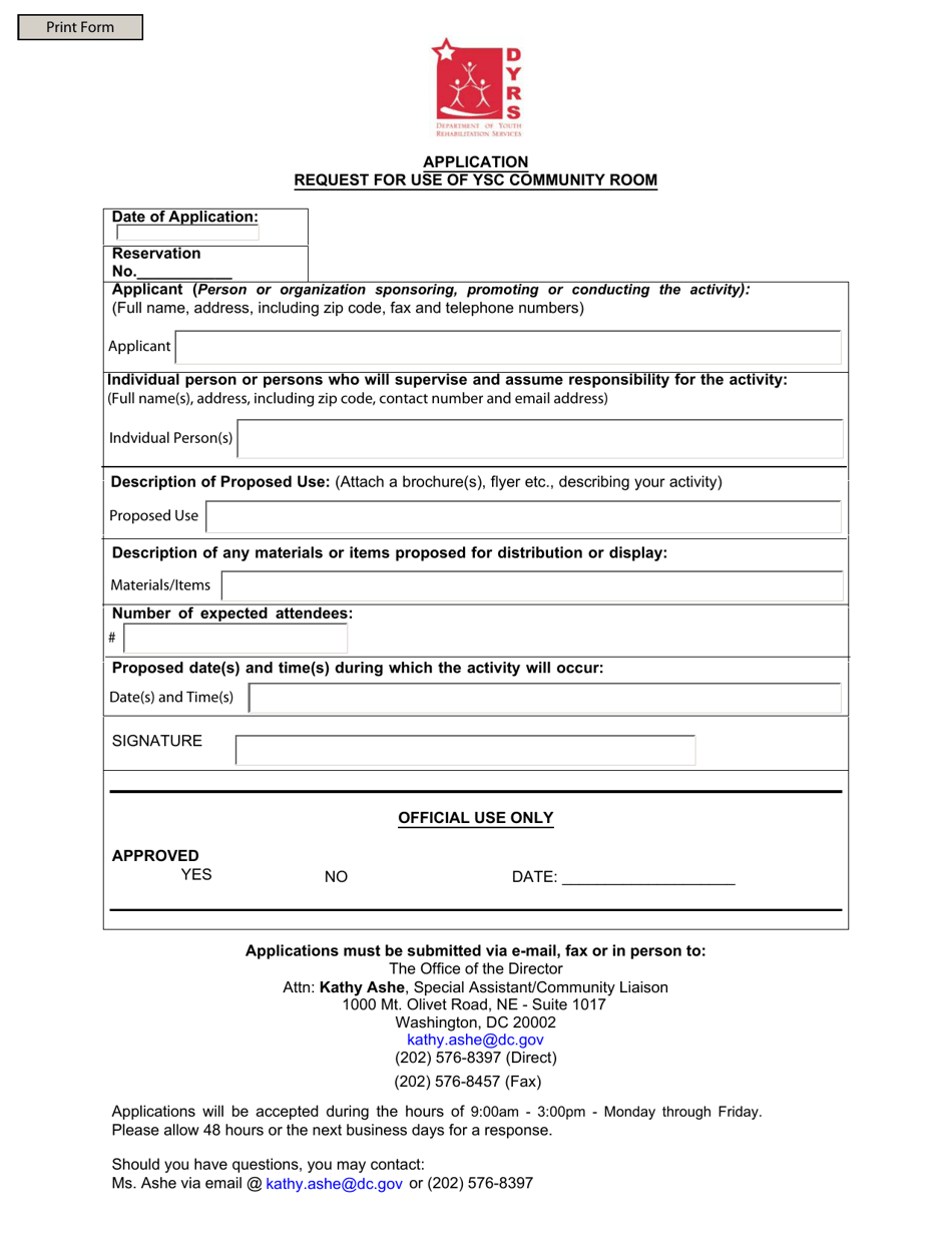 Application Request for Use of Ysc Community Room - Washington, D.C., Page 1