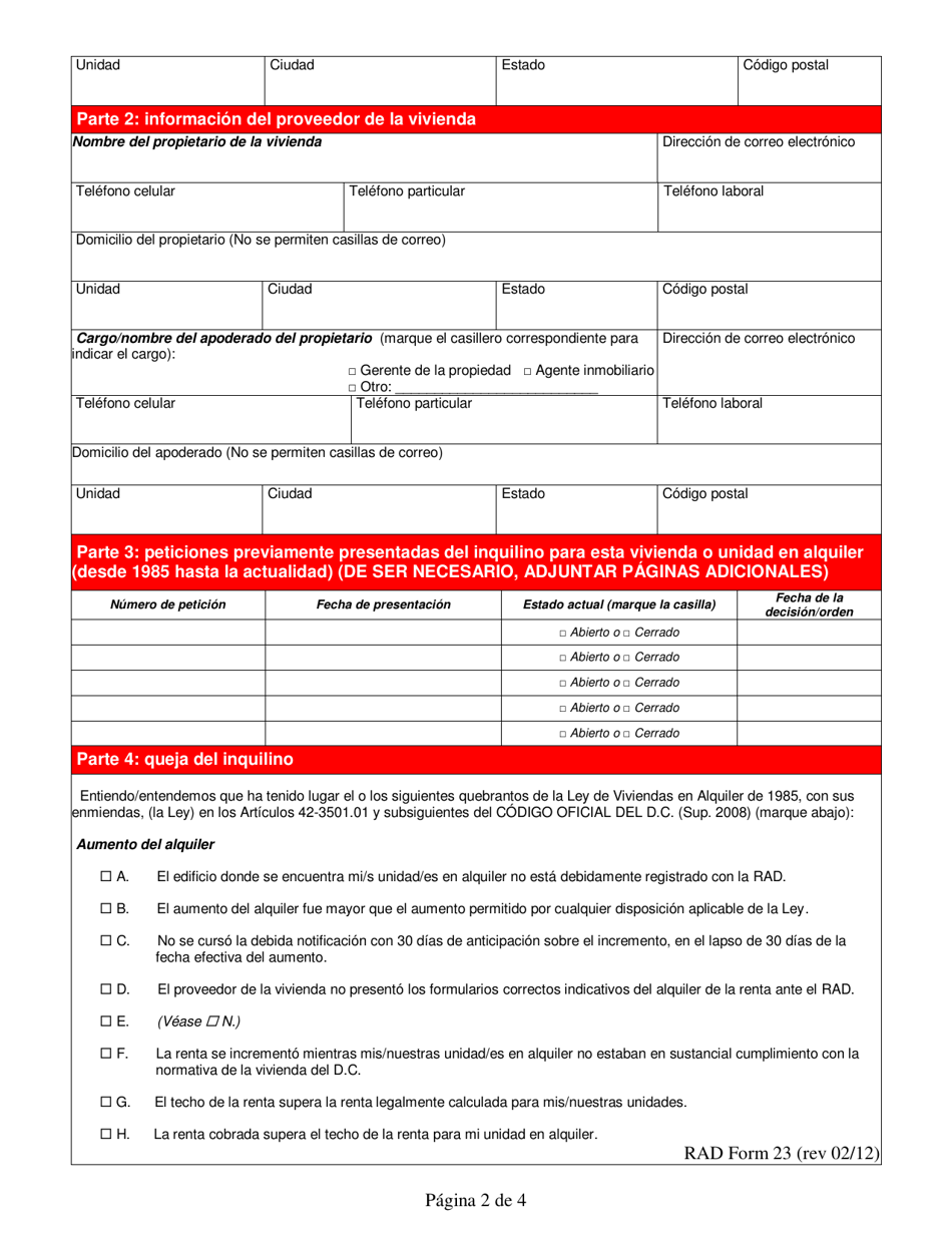 RAD Formulario 23 Peticion / Queja Del Inquilino - Washington, D.C. (Spanish), Page 2