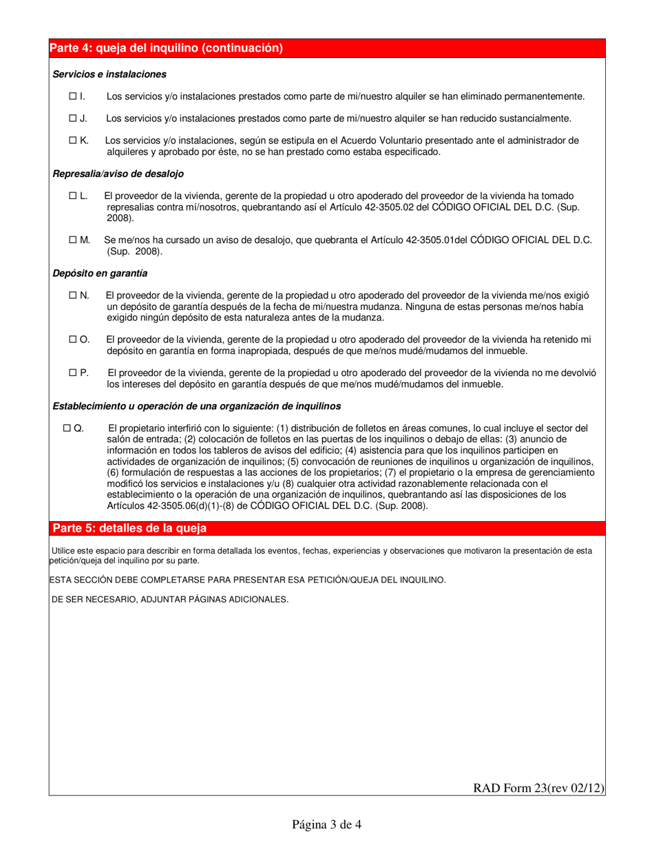 RAD Formulario 23 Peticion / Queja Del Inquilino - Washington, D.C. (Spanish), Page 3