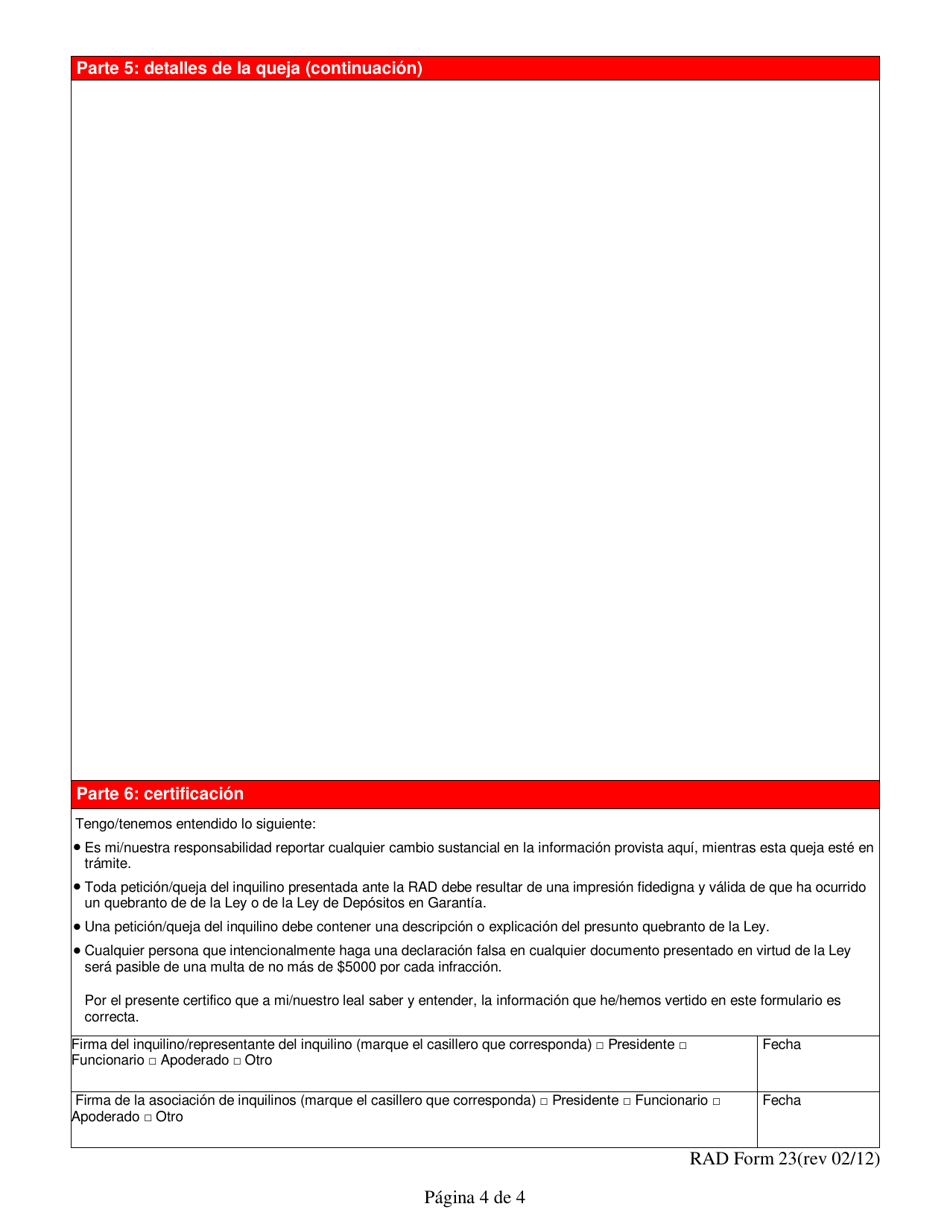 RAD Formulario 23 Peticion / Queja Del Inquilino - Washington, D.C. (Spanish), Page 4