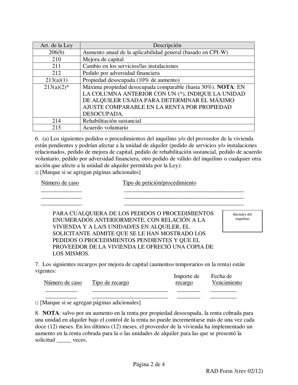 RAD Formulario 3 Divulgacion Del Proveedor De La Vivienda Al Solicitante Para La Unidad En Alquiler En La Vivienda (Formulario De Divulgacion Del Solicitante) - Washington, D.C. (Spanish), Page 2