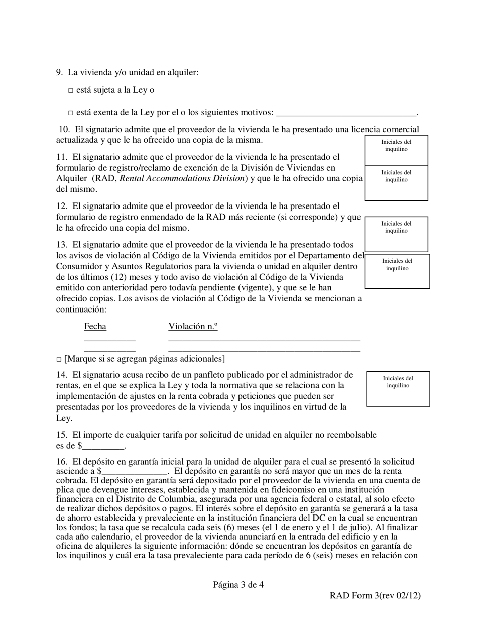 RAD Formulario 3 Divulgacion Del Proveedor De La Vivienda Al Solicitante Para La Unidad En Alquiler En La Vivienda (Formulario De Divulgacion Del Solicitante) - Washington, D.C. (Spanish), Page 3