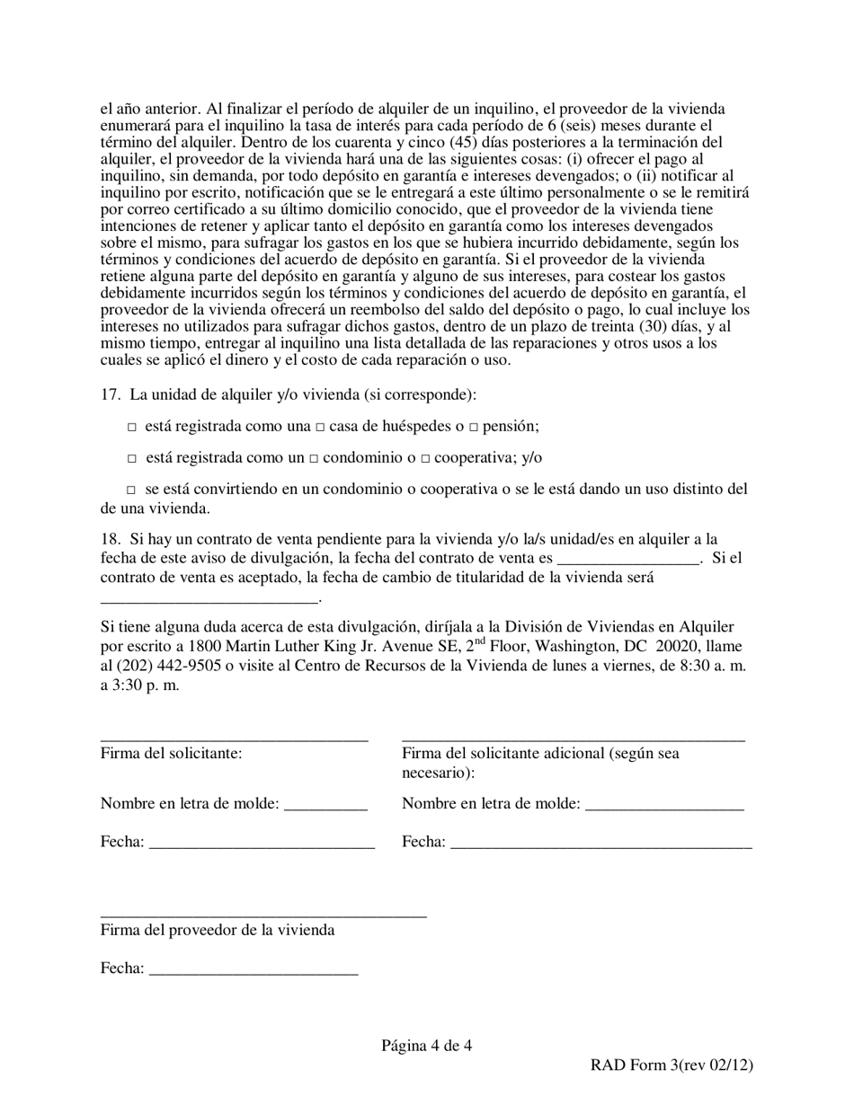 RAD Formulario 3 Divulgacion Del Proveedor De La Vivienda Al Solicitante Para La Unidad En Alquiler En La Vivienda (Formulario De Divulgacion Del Solicitante) - Washington, D.C. (Spanish), Page 4