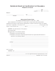 Document preview: Abbreviated Probate Order (For Estates of Decedents Dying on or After July 1, 1995) - Washington, D.C.