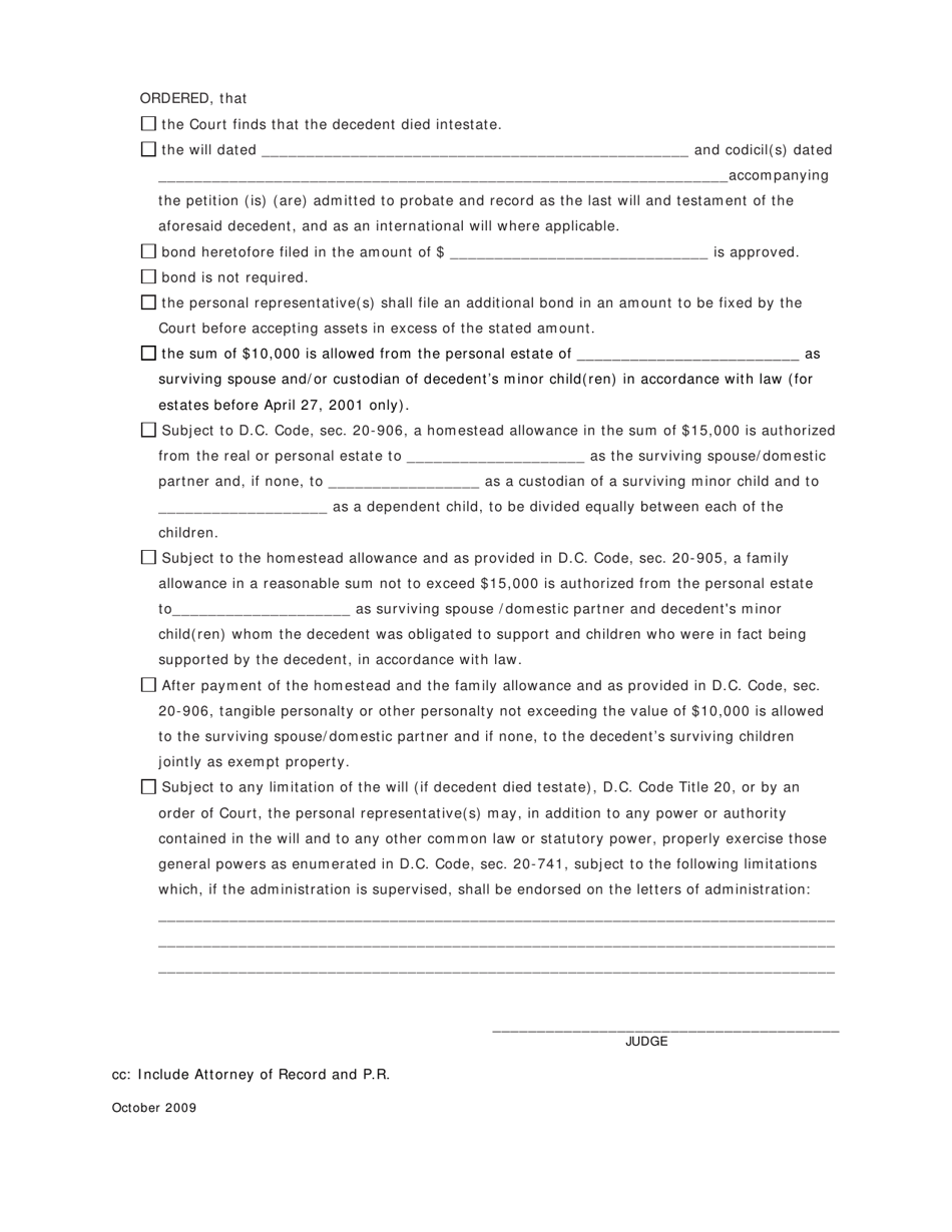 Abbreviated Probate Order (For Estates of Decedents Dying on or After July 1, 1995) - Washington, D.C., Page 2