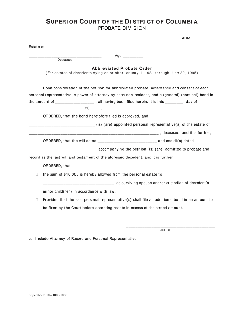 Abbreviated Probate Order (For Estates of Decedents Dying on or After January 1, 1981 Through June 30, 1995) - Washington, D.C., Page 1