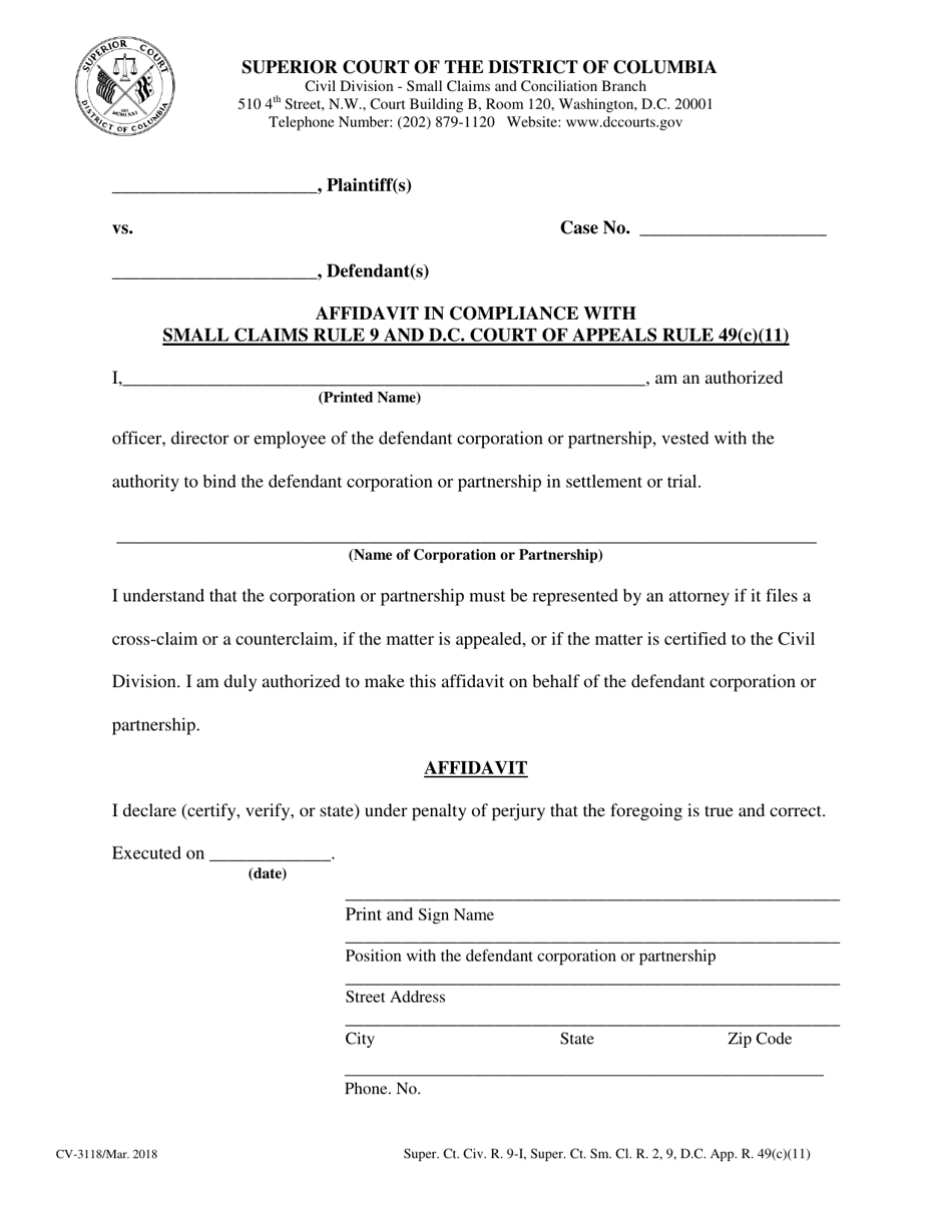 Form CV-3118 Affidavit in Compliance With Small Claims Rule 9 and D.c. Court of Appeals Rule 49(C)(11) - Washington, D.C., Page 1