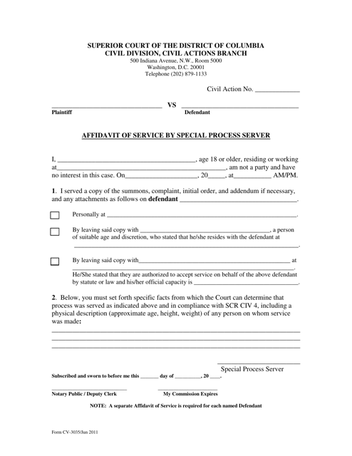 Form CV-3035 Affidavit of Service by Special Process Server (Civil Actions) - Washington, D.C.