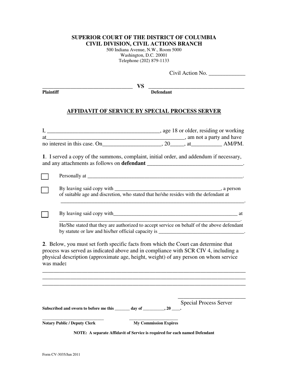 Form CV-3035 Affidavit of Service by Special Process Server (Civil Actions) - Washington, D.C., Page 1