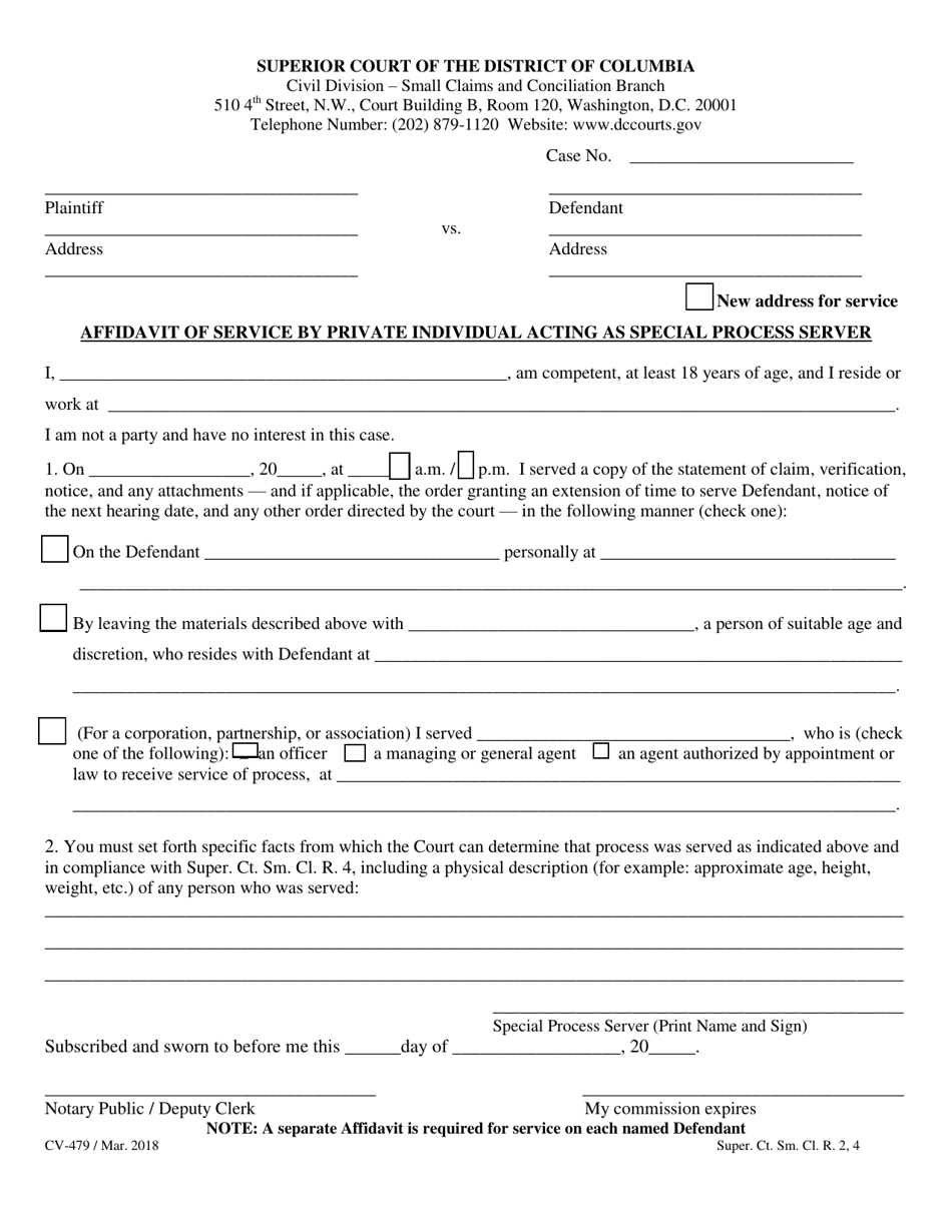 Form CV-479 Affidavit of Service by Private Individual Acting as Special Process Server (Small Claims) - Washington, D.C., Page 1