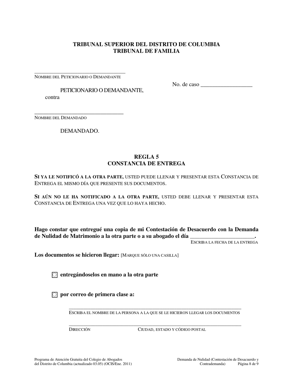 Contestacion De Desacuerdo Con La Demanda De Nulidad Y Contrademanda - Washington, D.C. (Spanish), Page 8