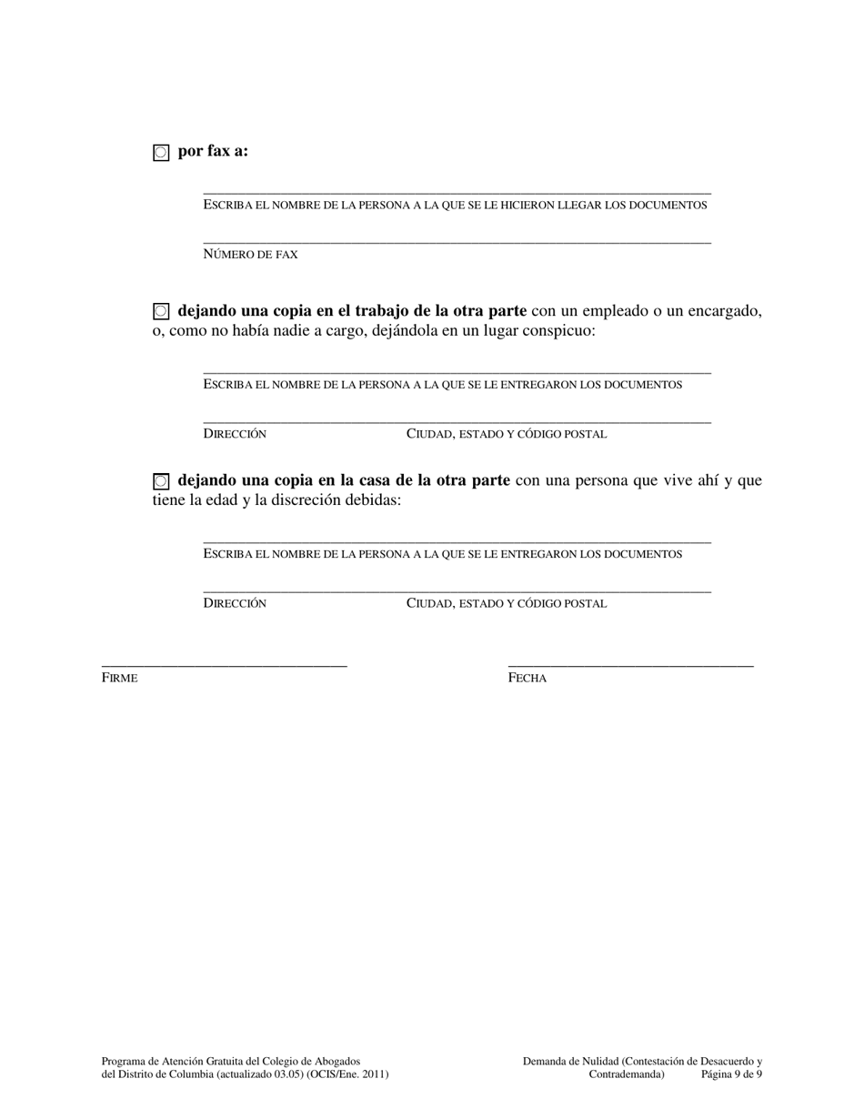 Contestacion De Desacuerdo Con La Demanda De Nulidad Y Contrademanda - Washington, D.C. (Spanish), Page 9