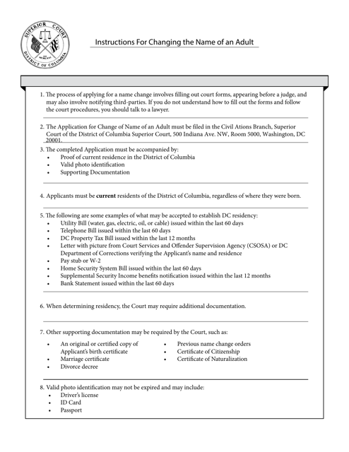 Application for Change of Name of an Adult - Washington, D.C. Download Pdf