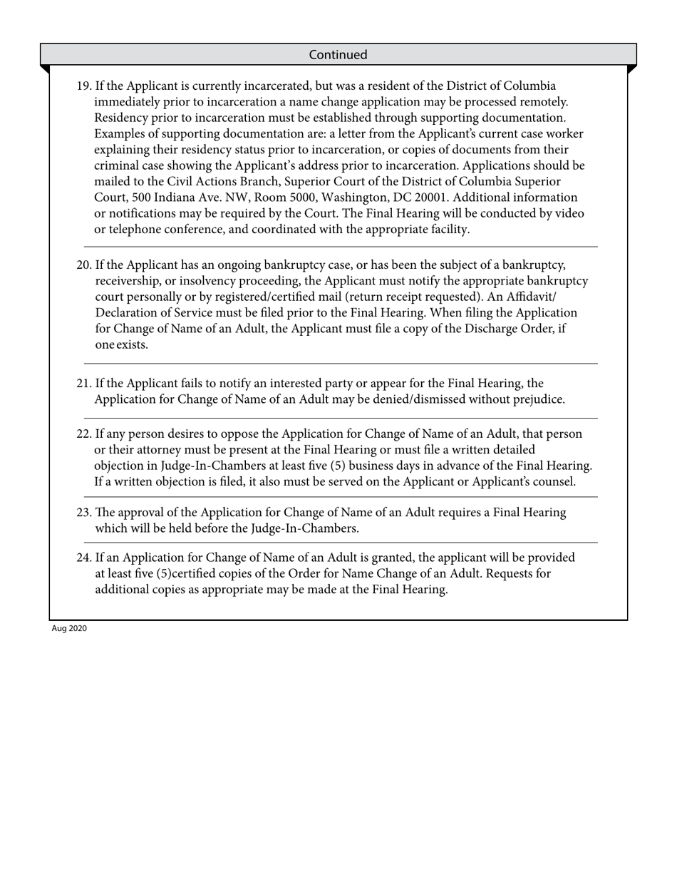 Application for Change of Name of an Adult - Washington, D.C., Page 3