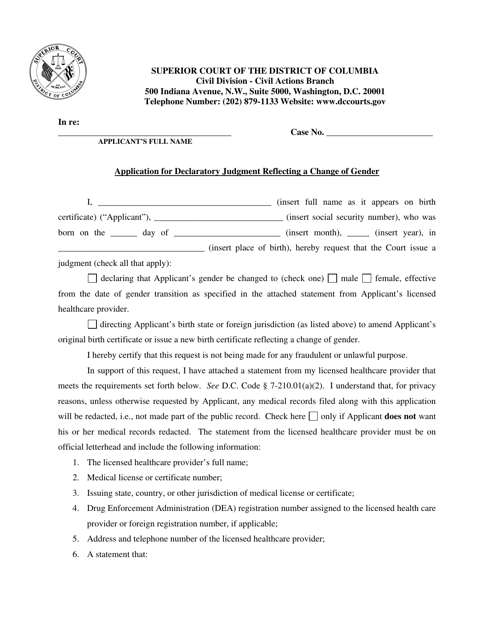 Application for Declaratory Judgment Reflecting a Change of Gender - Washington, D.C. Download Pdf