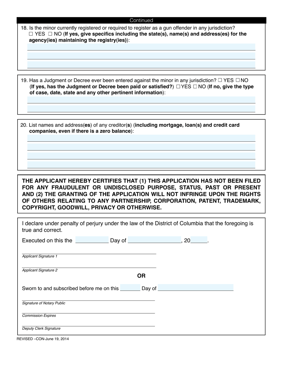 Washington, D.c. Application For Change Of Name Of A Minor - Fill Out 