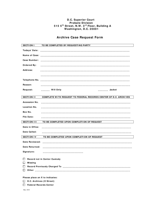 Archive Case Request Form - Washington, D.C. Download Pdf