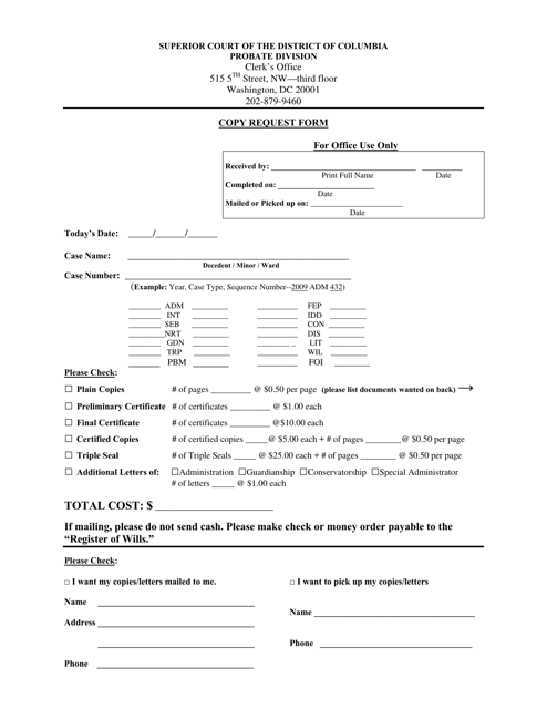 Copy Request Form - Washington, D.C. Download Pdf